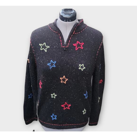 Christopher & Banks Hand Knit Sweater Women's XL 1/4 Zip Embroidered Stars VTG - Picture 1 of 8